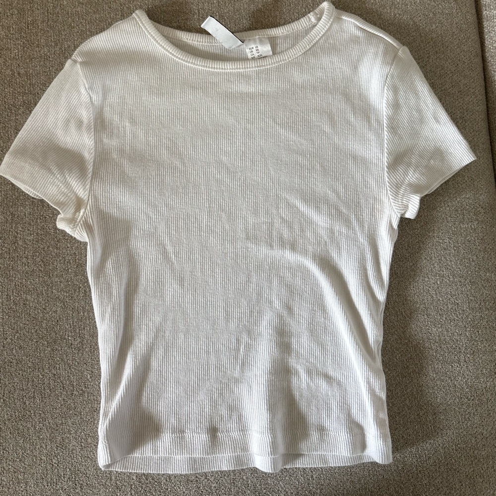 H&M Women's Short Sleeve Ribbed Tee in White